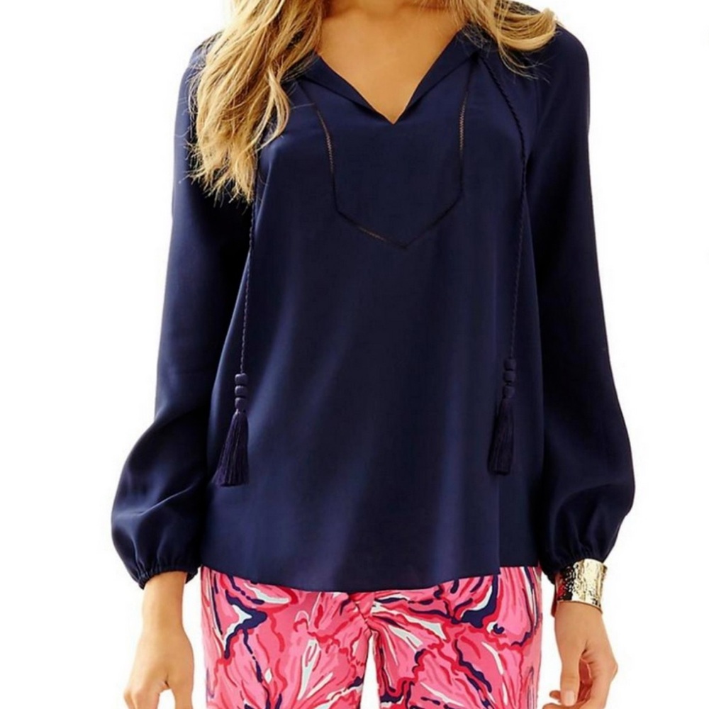 Lilly Pulitzer Women’s Saria Silk Tunic True Navy Tassel Ties SZ: S Capsule Top
